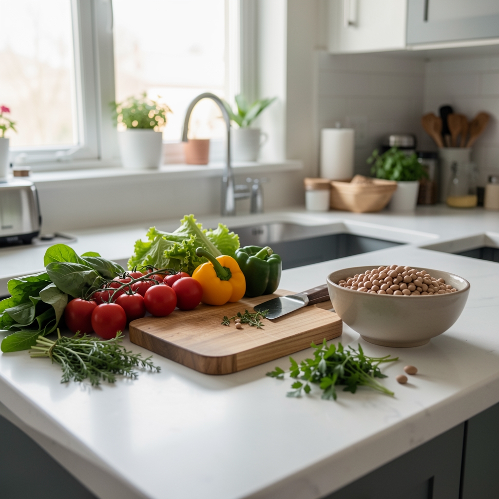 Wide view of a kitchen counter with fresh vegetables, a chopping board, a bowl of legumes, and scattered herbs in natural light — documentary-style composition