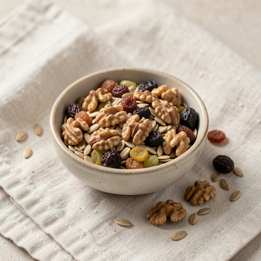 A small bowl of mixed seeds, walnuts, and dried fruits on a pale linen cloth — wholefood snacking composition in natural light