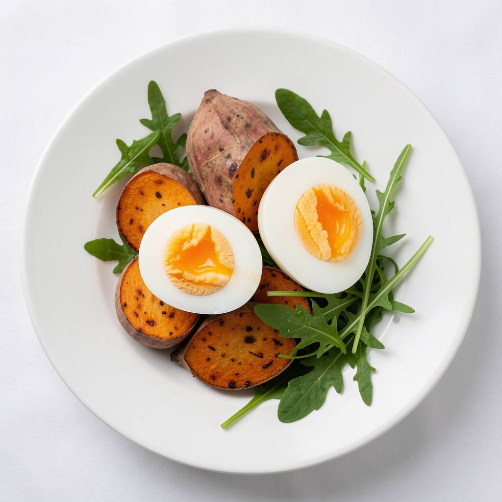 Soft-boiled eggs halved alongside roasted sweet potato and rocket leaves on a white plate, editorial overhead serving in diffused light