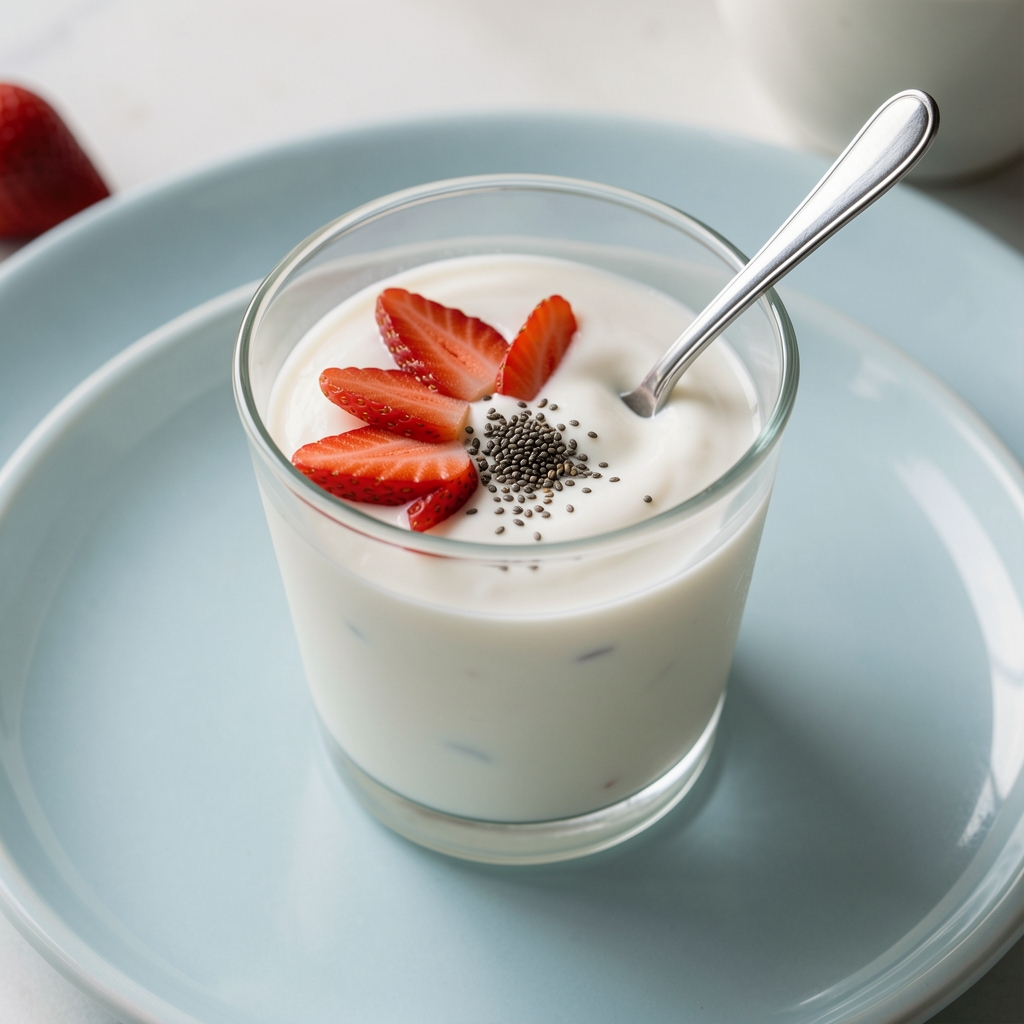 Glass of plain yoghurt with sliced strawberries and a teaspoon of chia seeds, on a pale blue ceramic surface in natural light