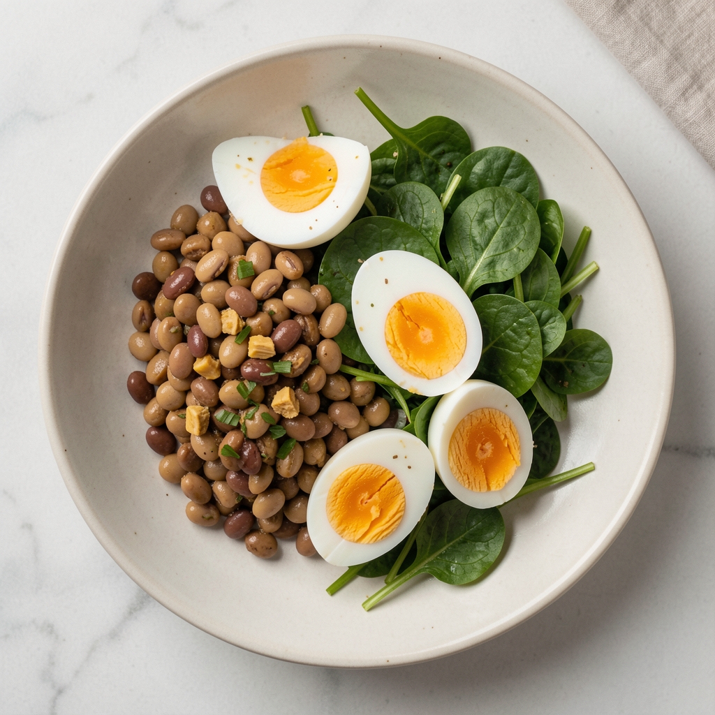 Overhead editorial photograph of a protein-rich lunch plate featuring legumes, eggs, and fresh greens on a pale ceramic dish