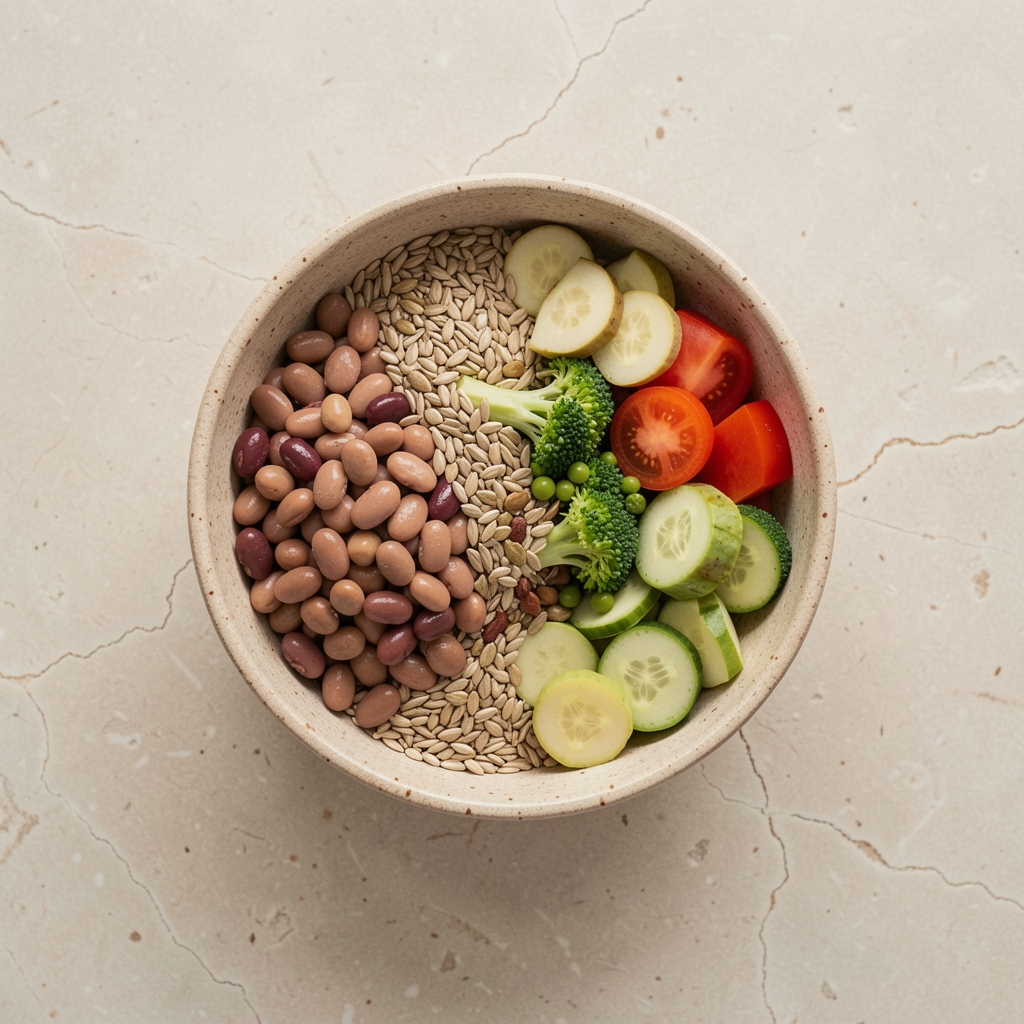 Wide editorial overhead serving of a whole-grain bowl with legumes, seasonal vegetables, and seeds arranged on a pale stone surface in soft natural light