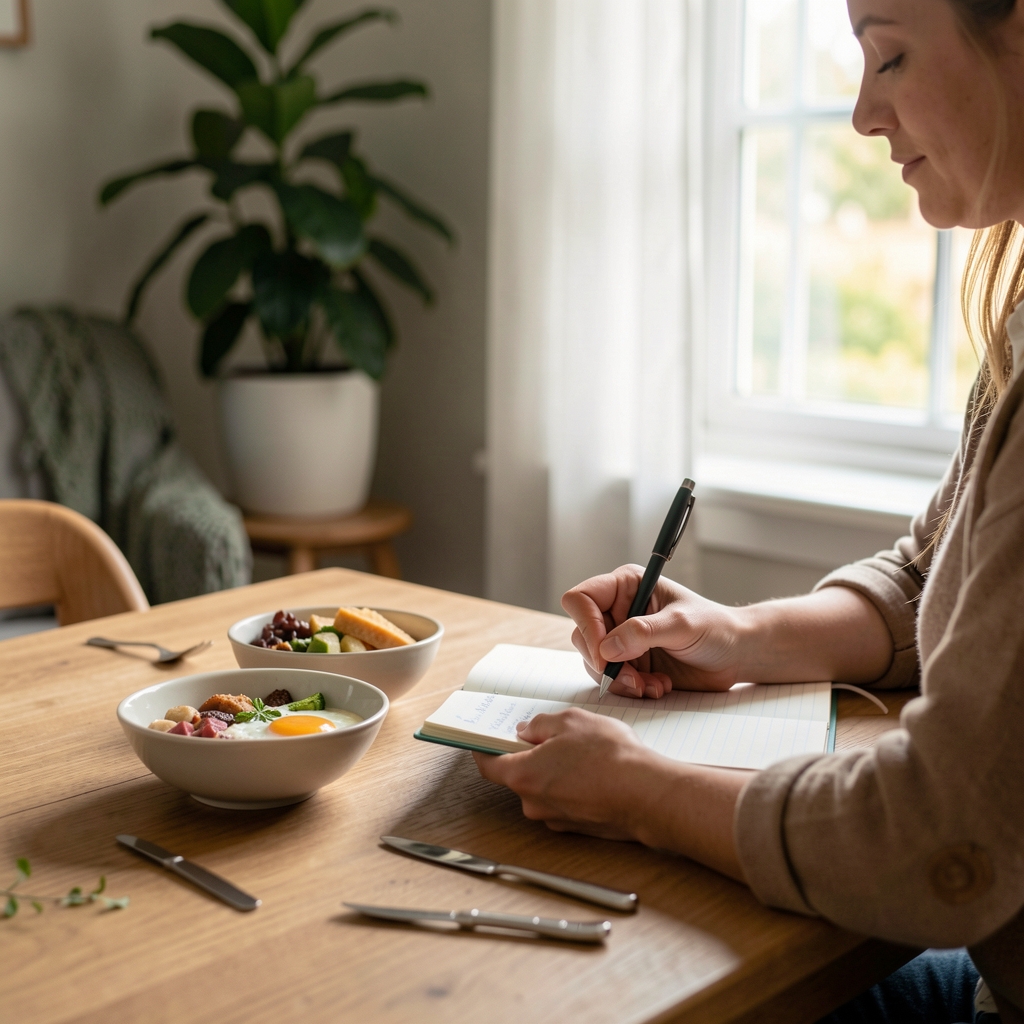 Person writing in a food observation notebook beside a breakfast bowl, natural window light, calm domestic setting